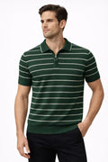 Erkek Triko Polo Yaka Fermuarlı Çizgili Tişört T-Shirt Yazlık Şık - Yeşil (186486)