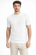 Erkek Yazlık Fitilli Triko Tişört Kısa Kol Bisiklet Yaka T-Shirt - Beyaz (186491)