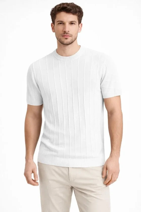 Erkek Yazlık Fitilli Triko Tişört Kısa Kol Bisiklet Yaka T-Shirt - Beyaz (186491)