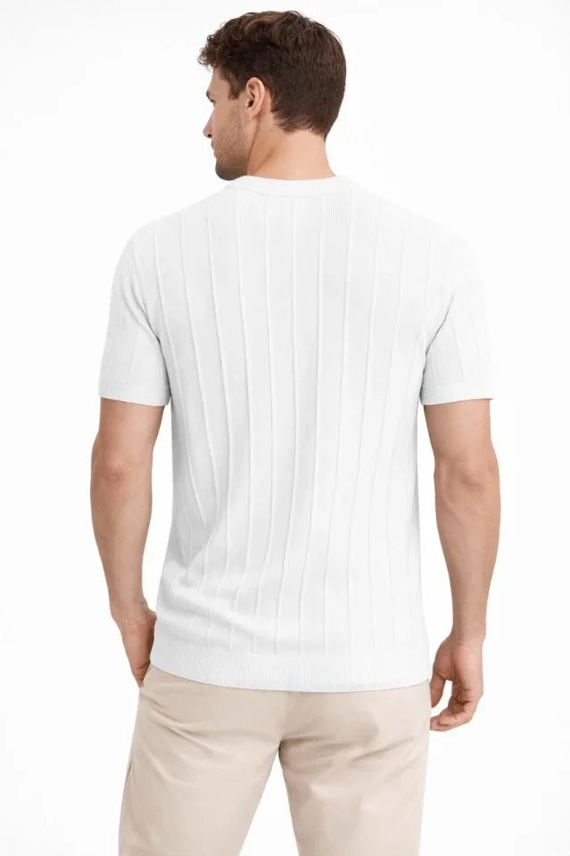 Erkek Yazlık Fitilli Triko Tişört Kısa Kol Bisiklet Yaka T-Shirt - Beyaz (186491)
