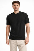 Erkek Yazlık Fitilli Triko Tişört Kısa Kol Bisiklet Yaka T-Shirt - Siyah (186492)