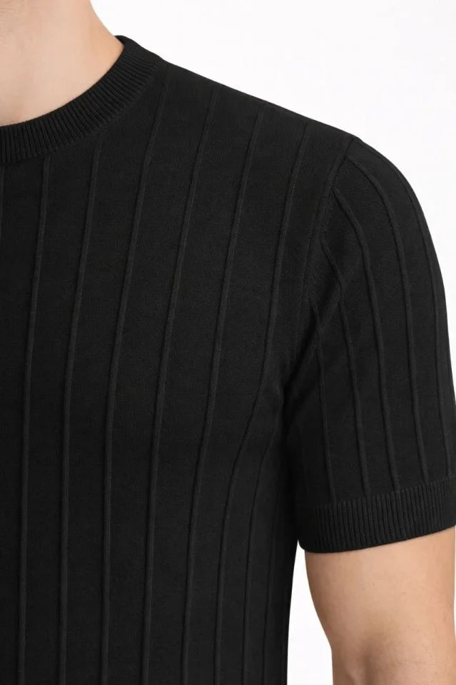 Erkek Yazlık Fitilli Triko Tişört Kısa Kol Bisiklet Yaka T-Shirt - Siyah (186492)