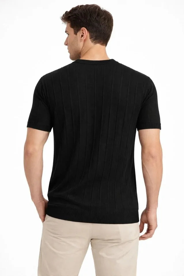 Erkek Yazlık Fitilli Triko Tişört Kısa Kol Bisiklet Yaka T-Shirt - Siyah (186492)