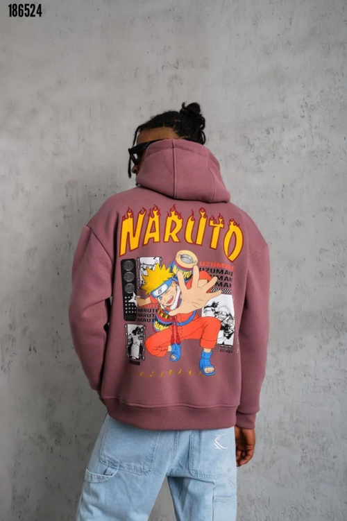 Erkek 3 İplik Pamuklu Kapüşonlu Baskılı Cepli Oversize Sweatshirt Hoodie Gül Kurusu
