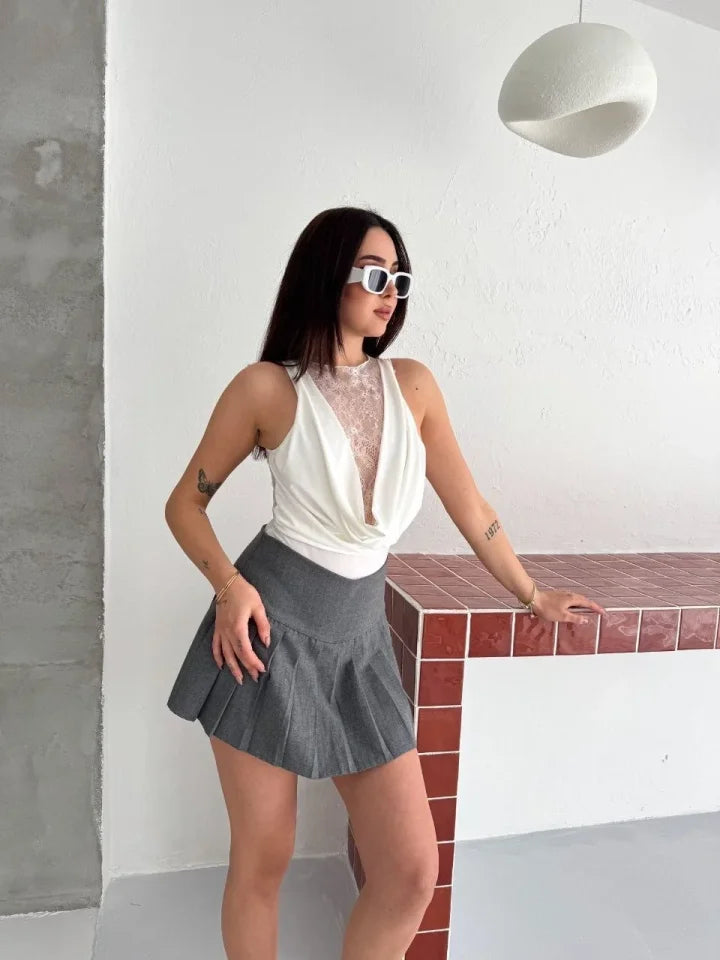 Dantel Detaylı Derin Dekolte Body Şık Kolsuz Yazlık Bodysuit - Beyaz (186681)
