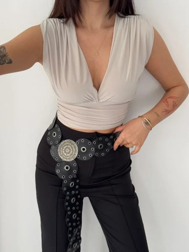 Vatkalı Kolsuz V Yaka Drapeli Crop Bluz Likralı Fit - Boyalı Gri (186705)