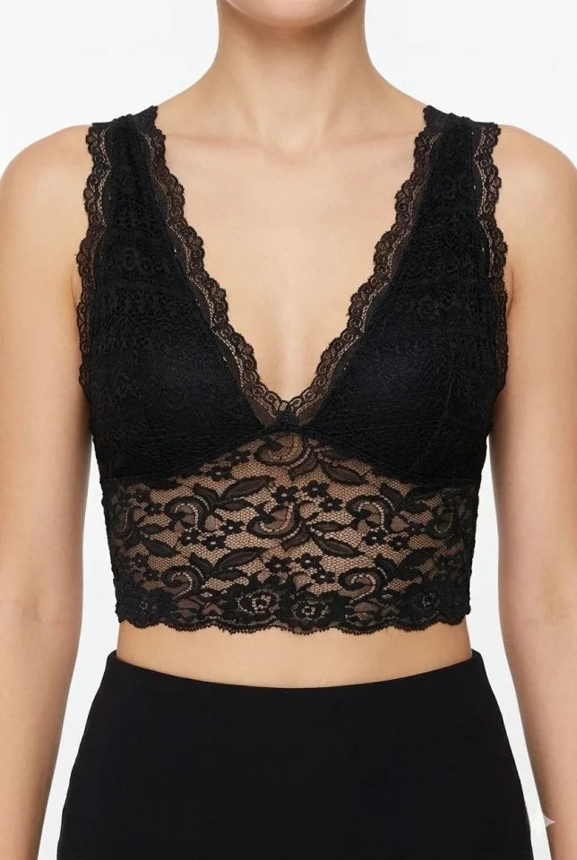 Dantel Bralet Crop Sütyen V Yaka Askılı Şık Esnek Rahat - Siyah (186710)