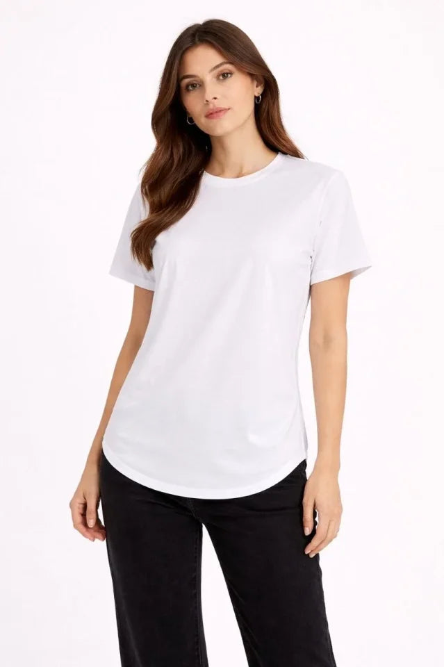 Basic T-Shirt Kısa Kol Bisiklet Yaka Oval Kesim Tişört - Beyaz (186712)