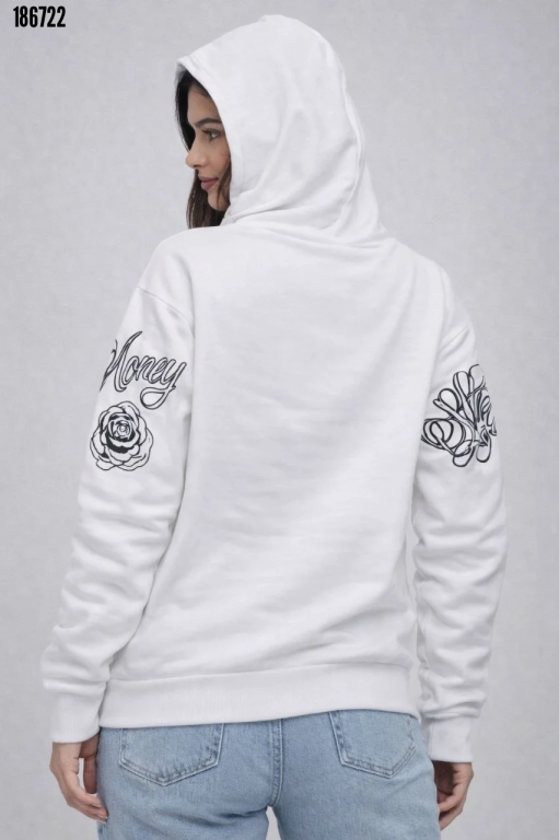 3 İplik Pamuklu Kapüşonlu Baskılı Sweatshirt Hoodie Beyaz (186722)