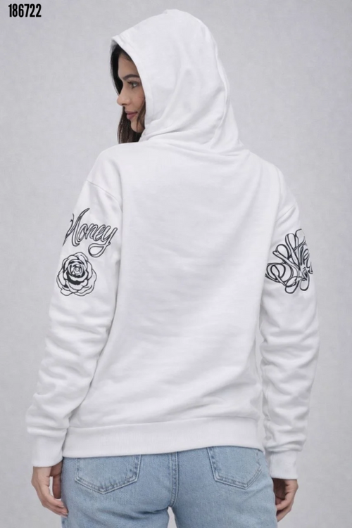 3 İplik Pamuklu Kapüşonlu Baskılı Sweatshirt Hoodie Beyaz (186722)