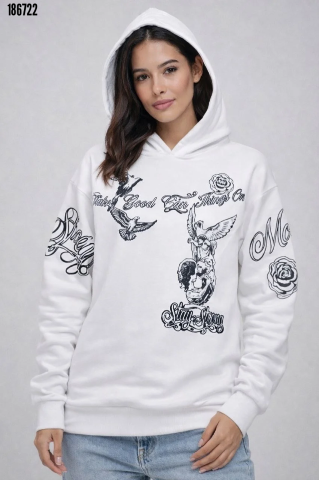 3 İplik Pamuklu Kapüşonlu Baskılı Sweatshirt Hoodie Beyaz (186722)
