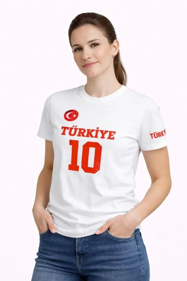 TÜRKİYE Ay Yıldız Baskılı 10 Numara Forma Tişört Taraftar T-Shirt - Beyaz (186733)
