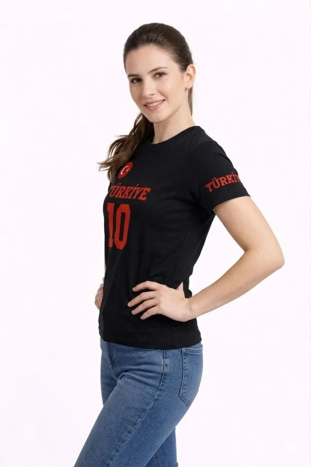 TÜRKİYE Ay Yıldız Baskılı 10 Numara Forma Tişört Taraftar T-Shirt - Siyah (186734)