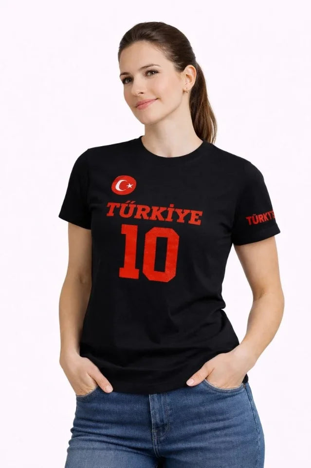 TÜRKİYE Ay Yıldız Baskılı 10 Numara Forma Tişört Taraftar T-Shirt - Siyah (186734)