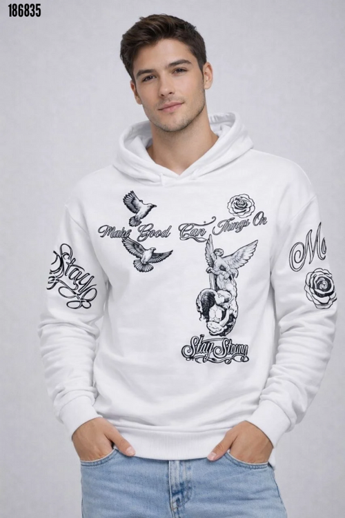 Erkek Kapüşonlu Baskılı Sweatshirt Beyaz