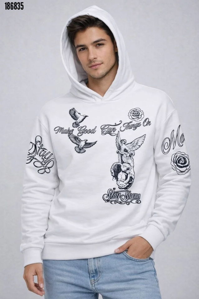 Erkek 3 İplik Pamuklu Kapüşonlu Baskılı SweatShirt Hoodie Beyaz