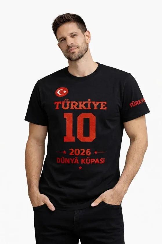 Erkek TÜRKİYE Baskılı Tişört 2026 Dünya Kupası Taraftar Forma T-Shirt - Siyah (186838)