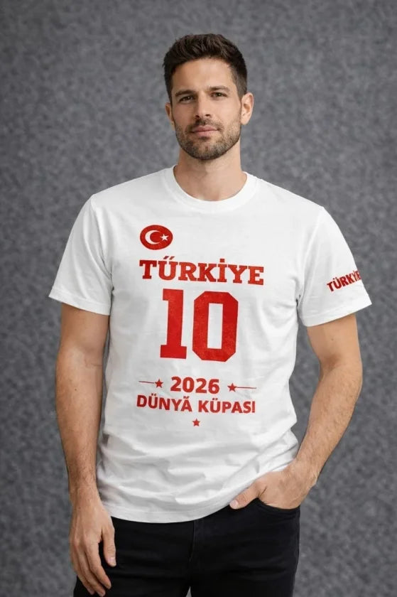 Erkek TÜRKİYE Baskılı Tişört 2026 Dünya Kupası Taraftar Forma T-Shirt - Beyaz (186839)