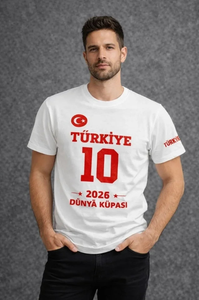 Erkek TÜRKİYE Baskılı Tişört 2026 Dünya Kupası Taraftar Forma T-Shirt - Beyaz (186839)
