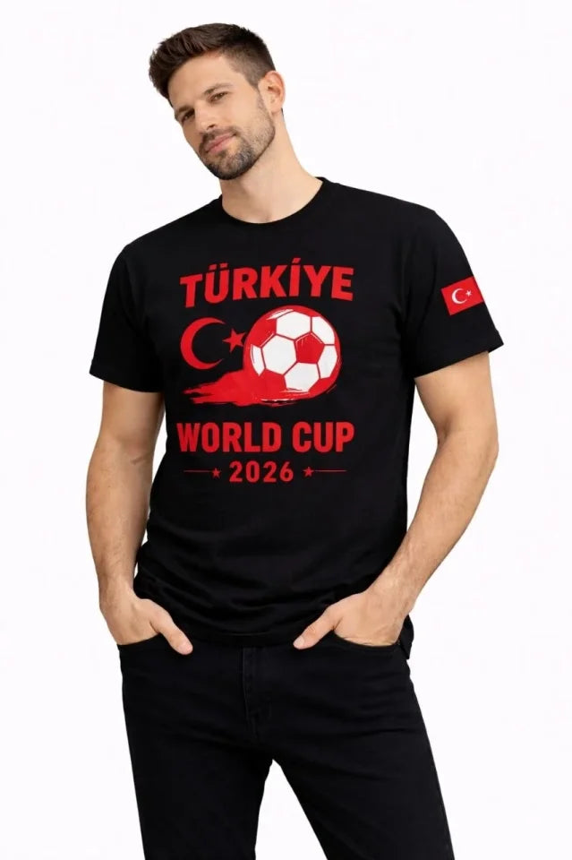 Erkek Türkiye World Cup 2026 Baskılı Tişört Futbol Temalı Forma T-Shirt - Siyah (186840)