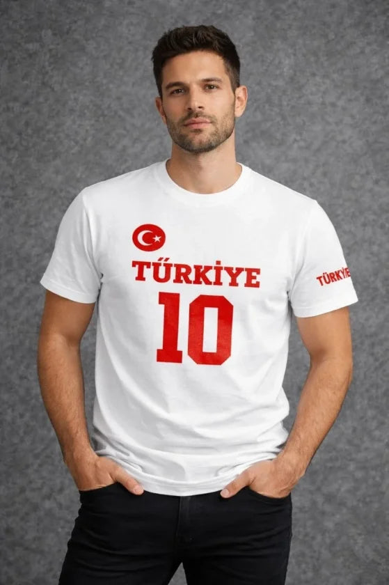 Erkek TÜRKİYE Ay Yıldız Baskılı 10 Numara Forma Tişört Taraftar T-Shirt - Beyaz (186846)