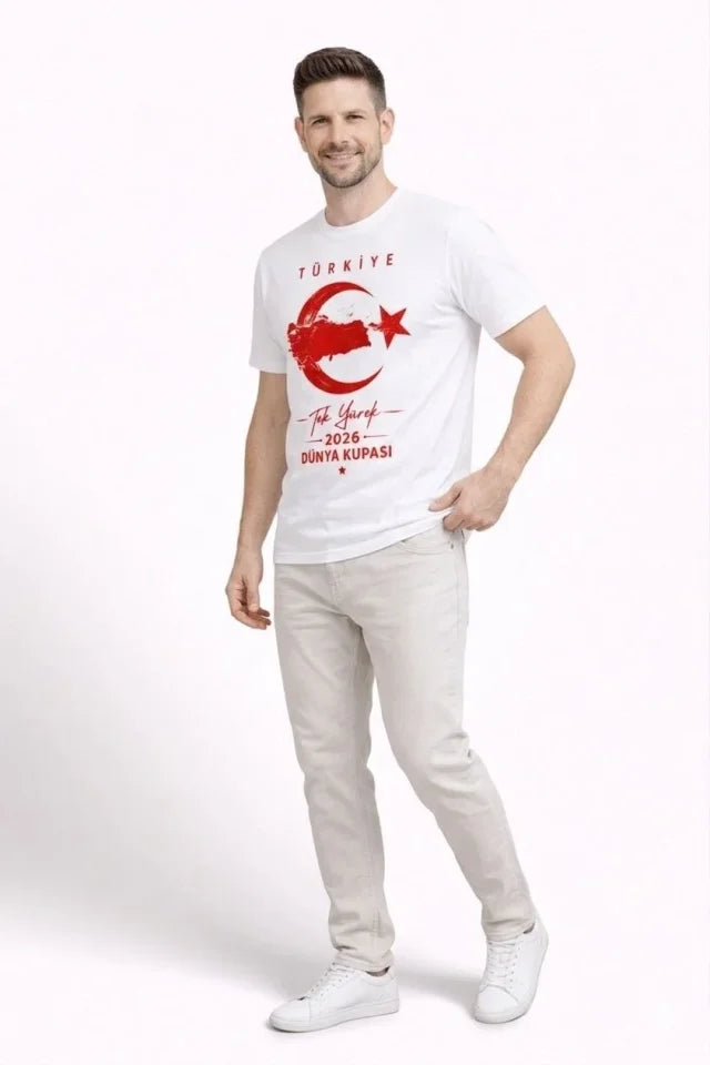 Erkek TÜRKİYE Ay Yıldız Baskılı Taraftar Forma T-Shirt - Beyaz (186848)