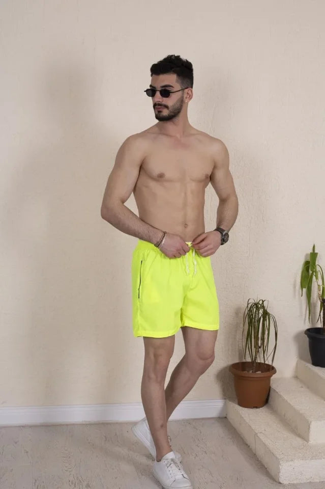 Erkek Deniz Şortu Fermuarlı Cepli File Astarlı - Neon Yeşili (186921)