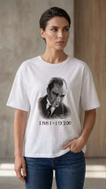 Atatürk Baskılı Tişört Kısa Kollu Bisiklet Yaka T-Shirt - Beyaz (187654)
