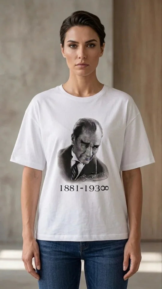 Atatürk Baskılı Tişört Kısa Kollu Bisiklet Yaka T-Shirt - Beyaz (187654)