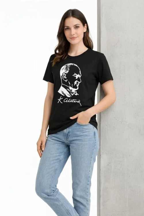 Atatürk Baskılı Tişört Kısa Kollu Bisiklet Yaka T-Shirt - Siyah (187656)