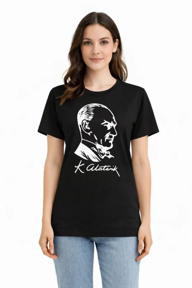 Atatürk Baskılı Tişört Kısa Kollu Bisiklet Yaka T-Shirt - Siyah (187656)