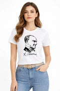 Atatürk Baskılı Tişört Kısa Kollu Bisiklet Yaka T-Shirt - Beyaz (187658)