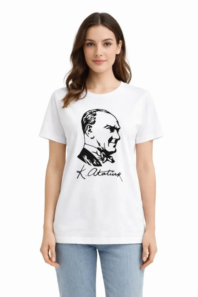 Atatürk Baskılı Tişört Kısa Kollu Bisiklet Yaka T-Shirt - Beyaz (187658)
