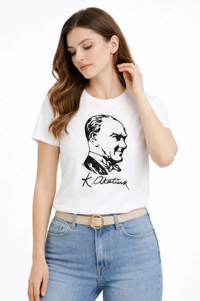 Atatürk Baskılı Tişört Kısa Kollu Bisiklet Yaka T-Shirt - Beyaz (187658)
