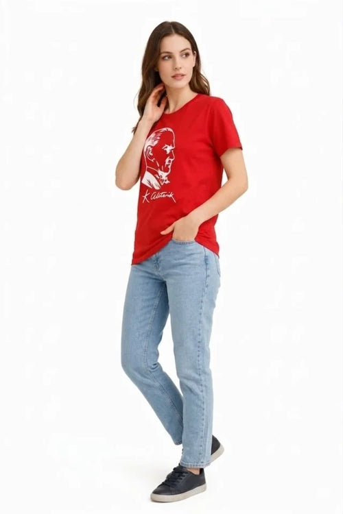 Atatürk Baskılı Tişört Kısa Kollu Bisiklet Yaka  T-Shirt - Kırmızı (187659)