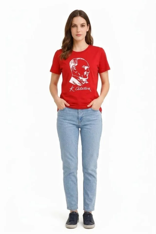 Atatürk Baskılı Tişört Kısa Kollu Bisiklet Yaka  T-Shirt - Kırmızı (187659)