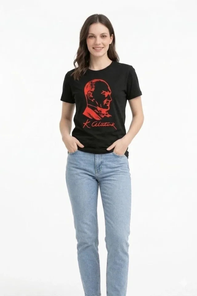 Atatürk Baskılı Tişört Kısa Kollu Bisiklet Yaka  T-Shirt - Siyah (187660)