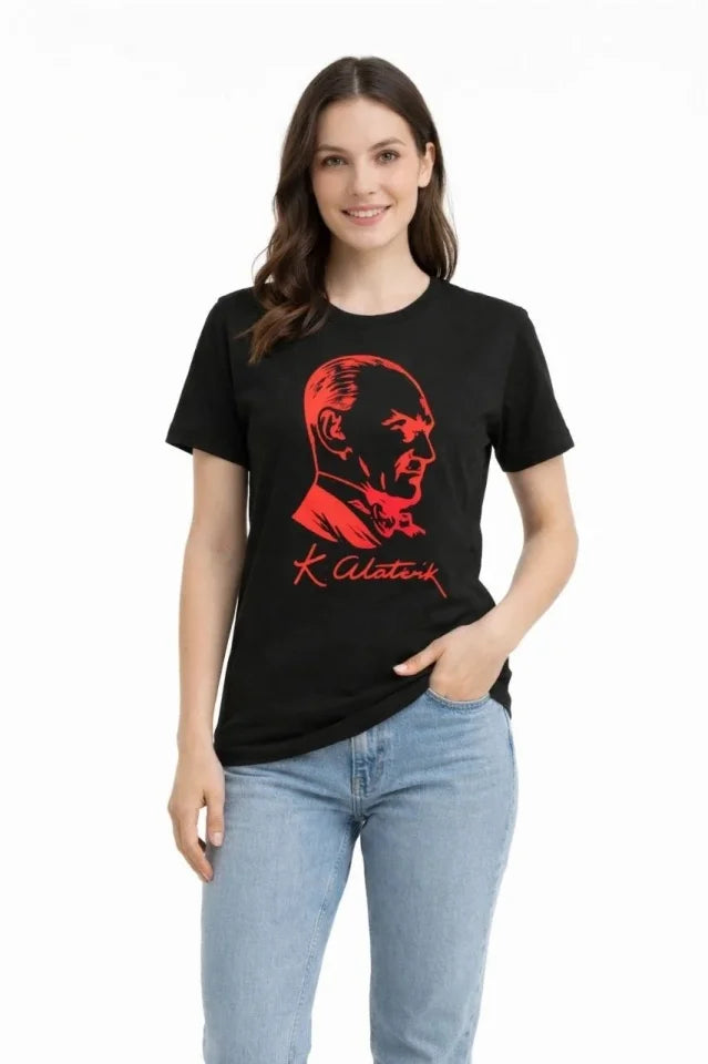 Atatürk Baskılı Tişört Kısa Kollu Bisiklet Yaka  T-Shirt - Siyah (187660)