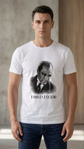 Erkek Atatürk Baskılı Tişört Kısa Kollu Bisiklet Yaka  T-Shirt - Beyaz (187661)