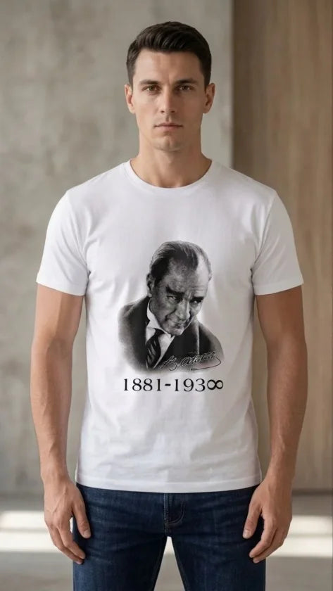 Erkek Atatürk Baskılı Tişört Kısa Kollu Bisiklet Yaka  T-Shirt - Beyaz (187661)
