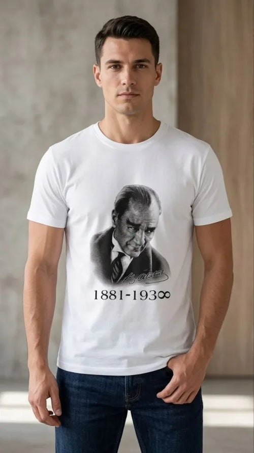 Erkek Atatürk Baskılı Tişört Kısa Kollu Bisiklet Yaka  T-Shirt - Beyaz (187661)