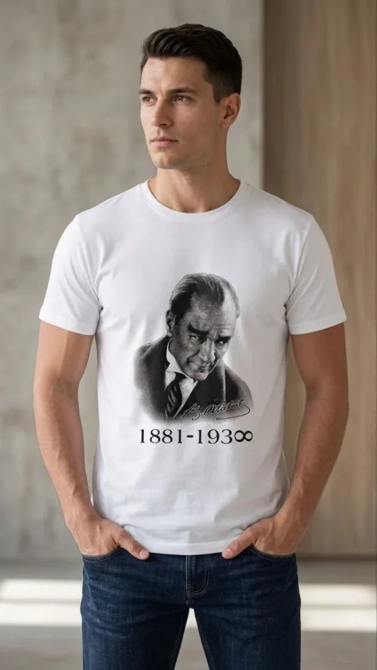 Erkek Atatürk Baskılı Tişört Kısa Kollu Bisiklet Yaka  T-Shirt - Beyaz (187661)