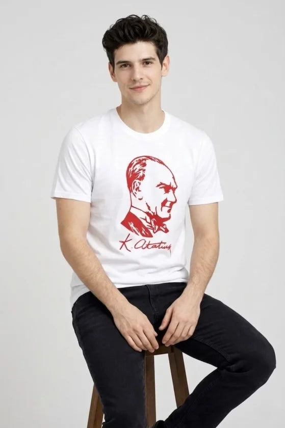 Erkek Atatürk Baskılı Tişört Kısa Kollu Bisiklet Yaka T-Shirt - Beyaz (187662)