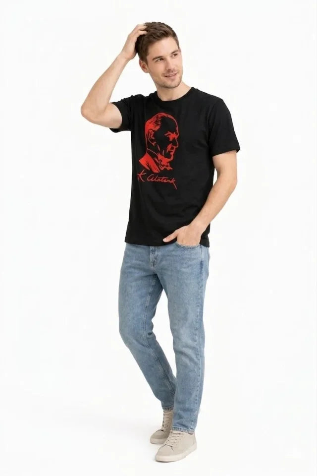 Erkek Atatürk Baskılı Tişört Kısa Kollu Bisiklet Yaka T-Shirt - Siyah (187663)