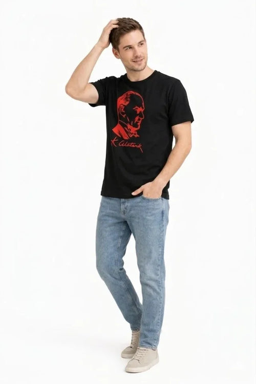 Erkek Atatürk Baskılı Tişört Kısa Kollu Bisiklet Yaka T-Shirt - Siyah (187663)