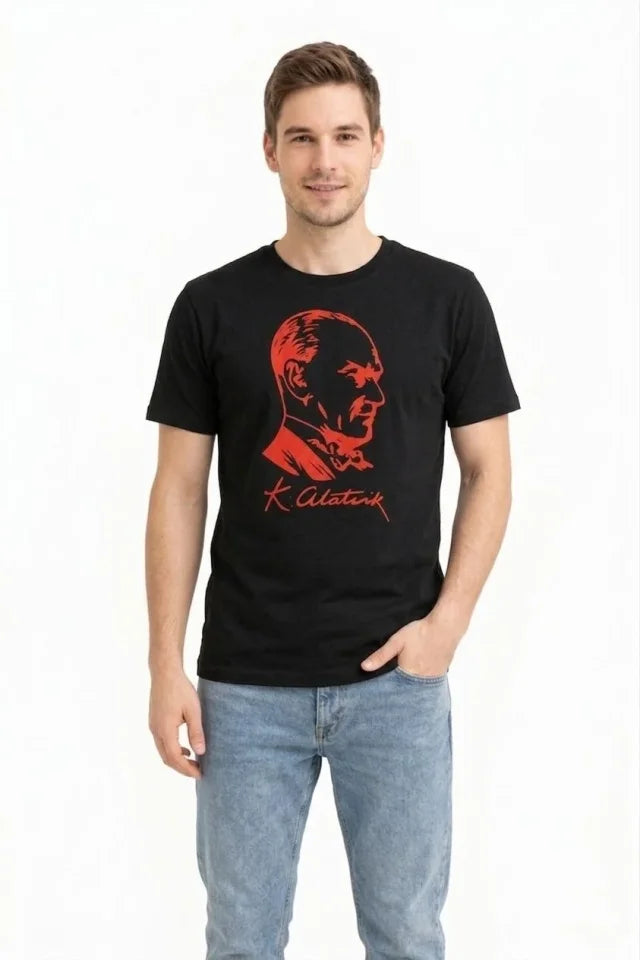 Erkek Atatürk Baskılı Tişört Kısa Kollu Bisiklet Yaka T-Shirt - Siyah (187663)