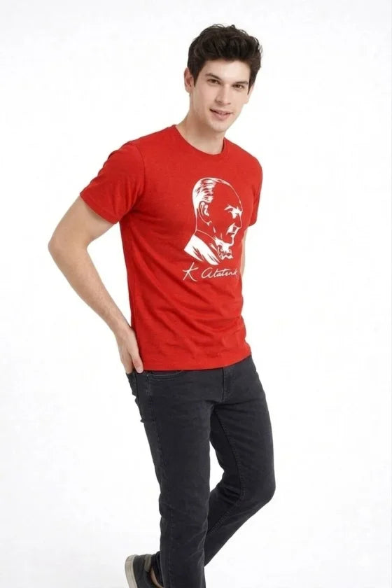 Erkek Atatürk Baskılı Tişört Kısa Kollu Bisiklet Yaka T-Shirt - Kırmızı (187664)