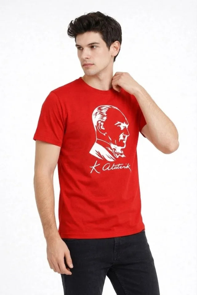 Erkek Atatürk Baskılı Tişört Kısa Kollu Bisiklet Yaka T-Shirt - Kırmızı (187664)