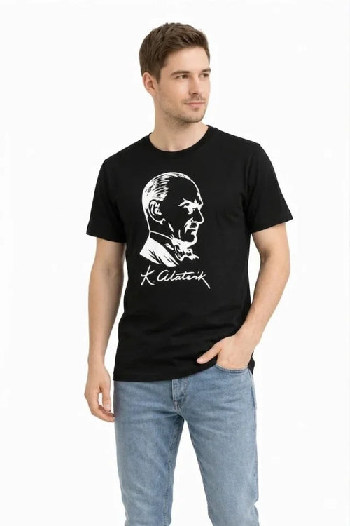 Erkek Atatürk Baskılı Tişört Kısa Kollu Bisiklet Yaka T-Shirt - Siyah (187665)