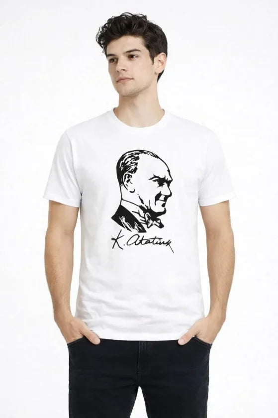 Erkek Atatürk Baskılı Tişört Kısa Kollu Bisiklet Yaka T-Shirt - Beyaz (187666)